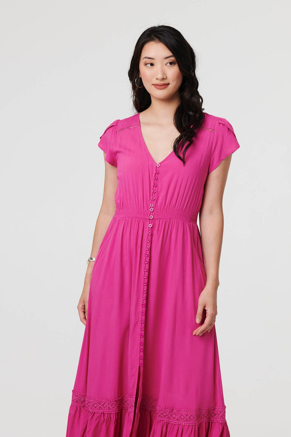 Fuchsia | Button Front Maxi Dress with Pockets