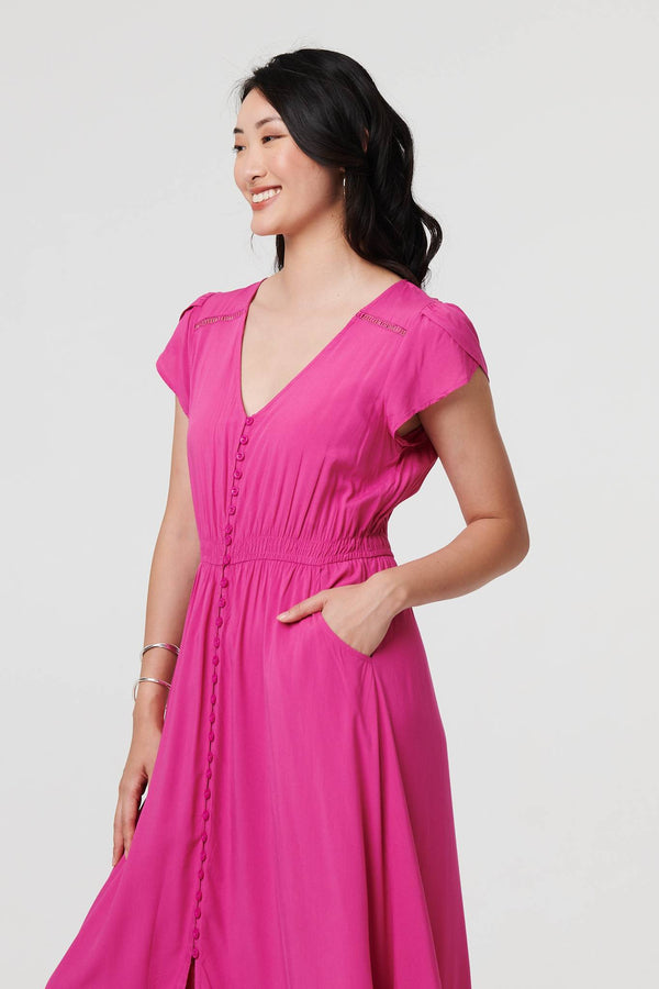 Fuchsia | Button Front Maxi Dress with Pockets