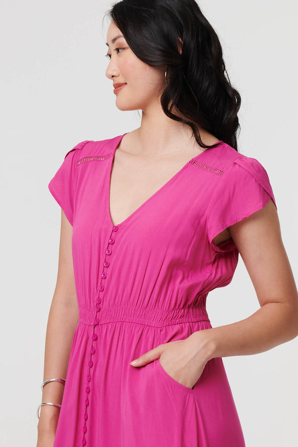 Fuchsia | Button Front Maxi Dress with Pockets