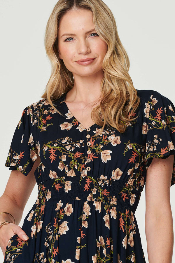 Navy | Floral Angel Sleeve Short Dress
