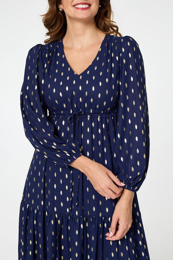 Navy | Metallic Print V-Neck Tiered Maxi Dress