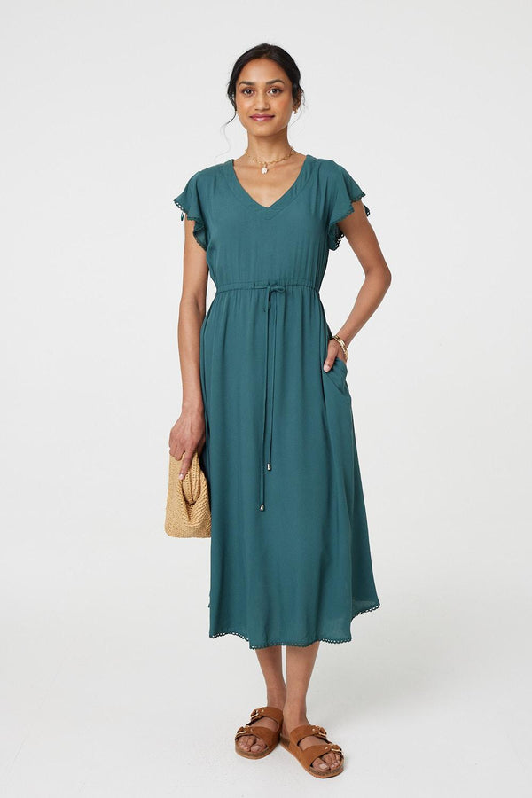 Green | Angel Sleeve Drawstring Waist Midi Dress