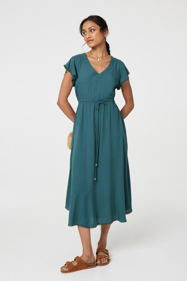 Green | Angel Sleeve Drawstring Waist Midi Dress