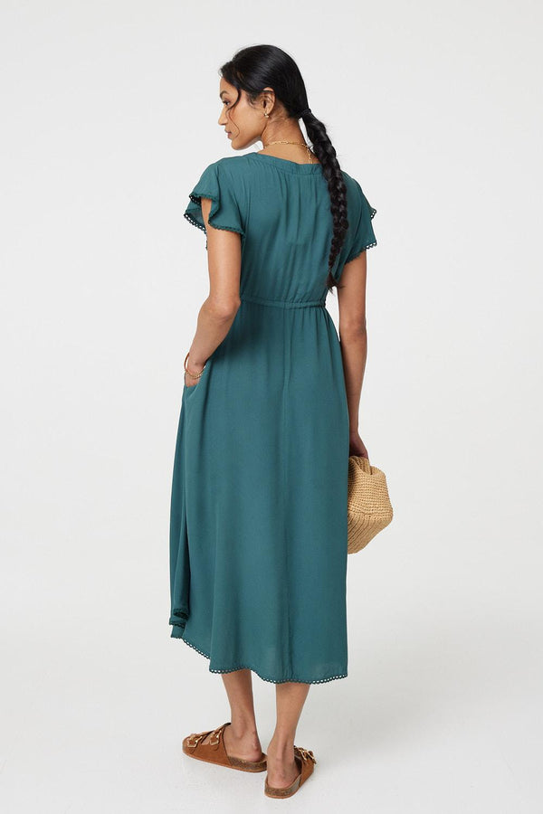 Green | Angel Sleeve Drawstring Waist Midi Dress
