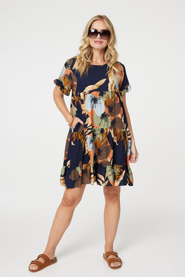 Navy | Leaf Print Frilled Knee Length Shift Dress