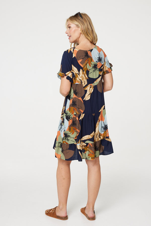 Navy | Leaf Print Frilled Knee Length Shift Dress