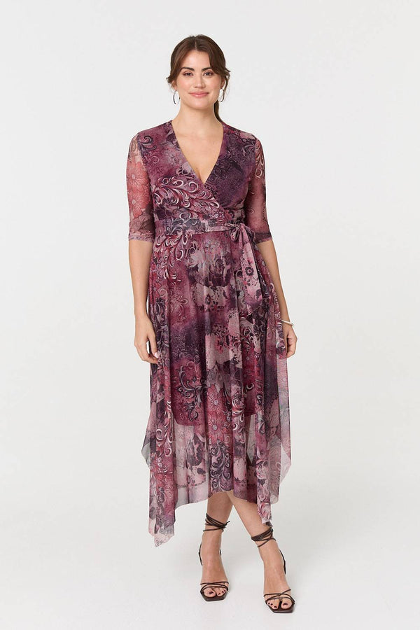 Plum | Floral Mesh Hanky Hem Wrap Midi Dress