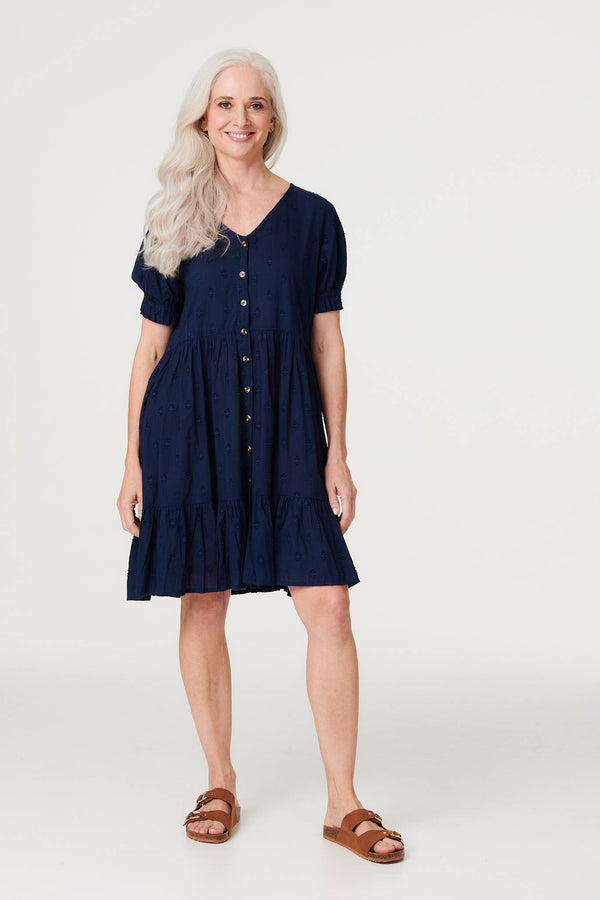 Navy | Embossed V-Neck Knee Length Dress