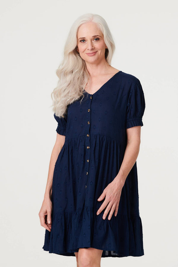 Navy | Embossed V-Neck Knee Length Dress