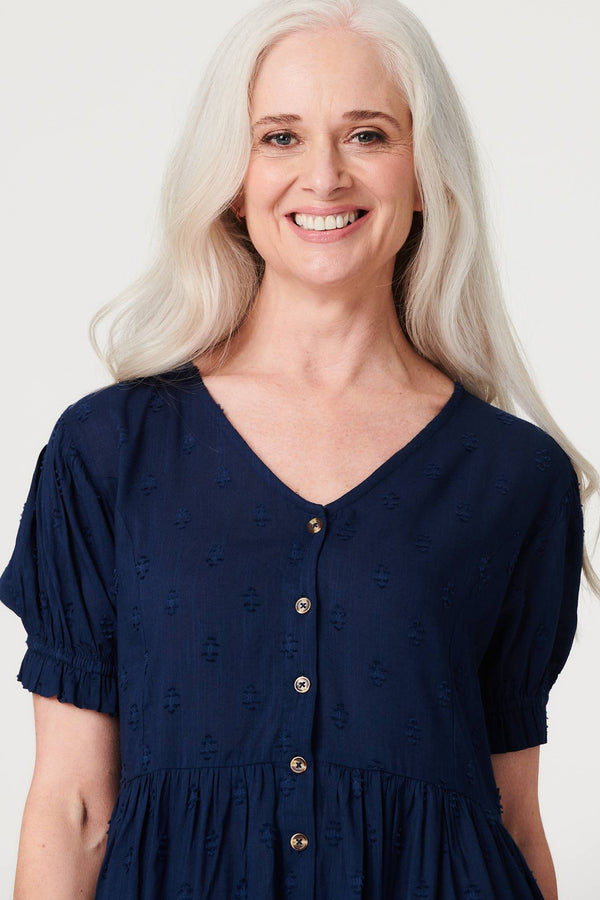 Navy | Embossed V-Neck Knee Length Dress