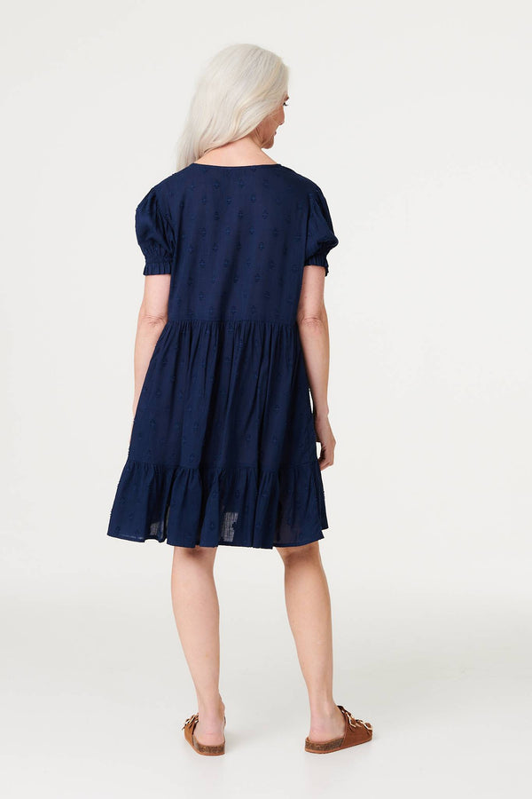 Navy | Embossed V-Neck Knee Length Dress