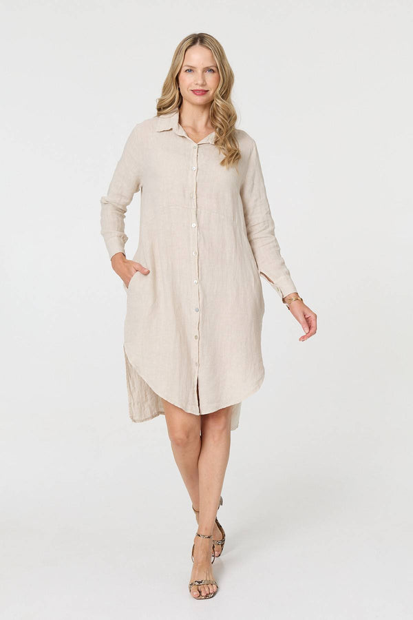 Beige | Long Sleeve Split Hem Maxi Shirt Dress