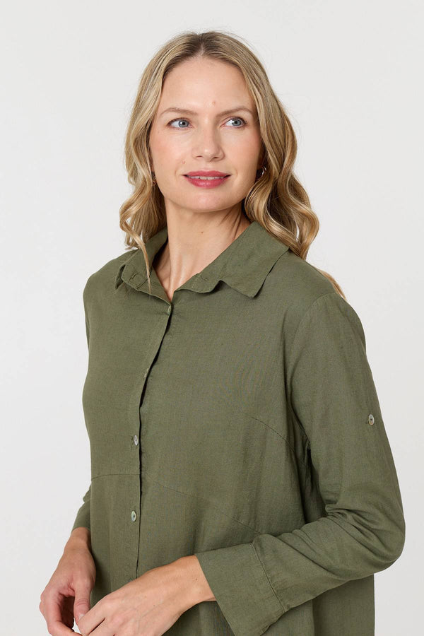Khaki | Long Sleeve Split Hem Maxi Shirt Dress