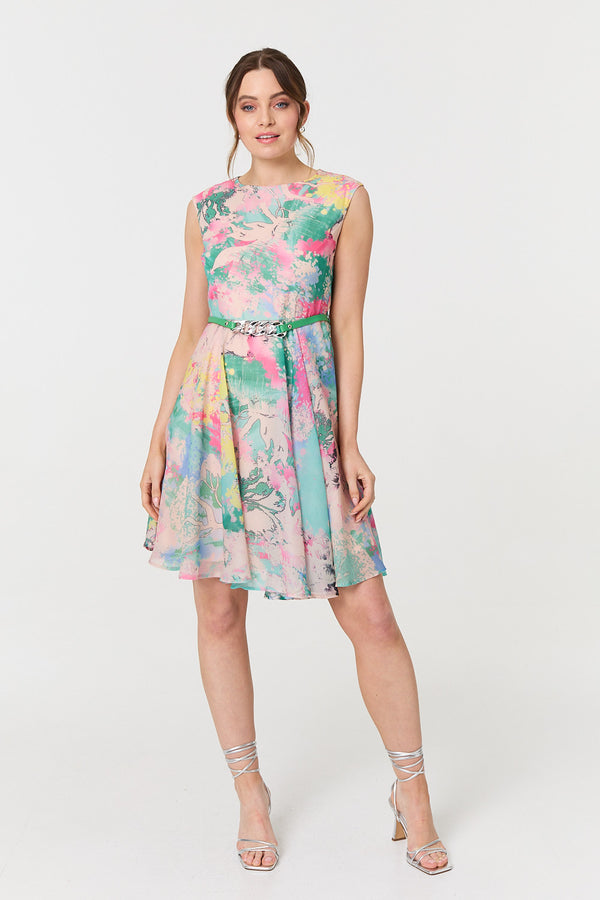 Green | Printed Sleeveless Short Skater Dress