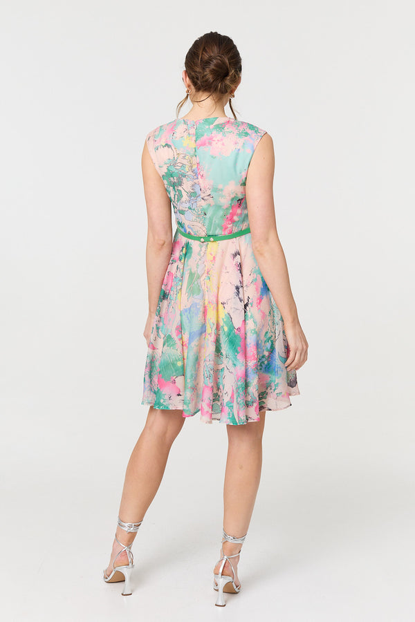 Green | Printed Sleeveless Short Skater Dress