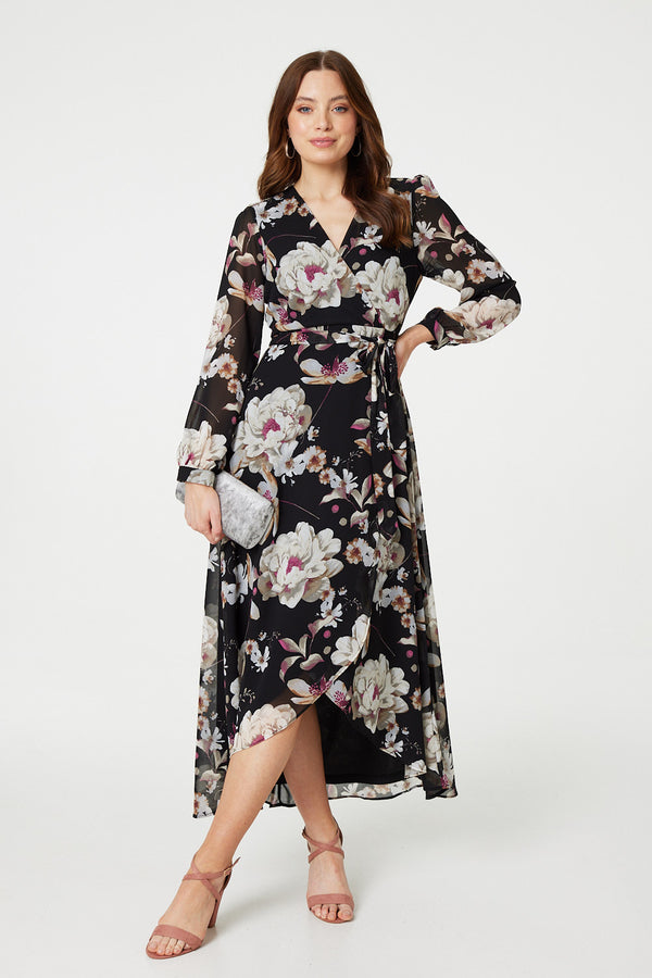 Black | Floral Long Sleeve Tie Waist Wrap Midi Dress