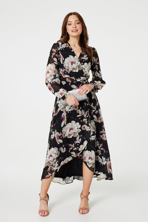 Black | Floral Long Sleeve Tie Waist Wrap Midi Dress