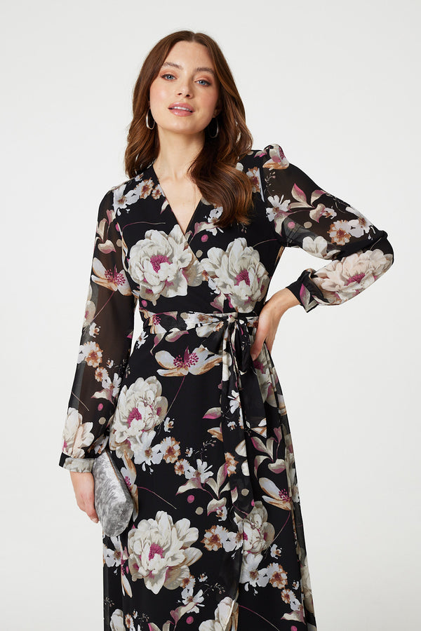 Black | Floral Long Sleeve Tie Waist Wrap Midi Dress
