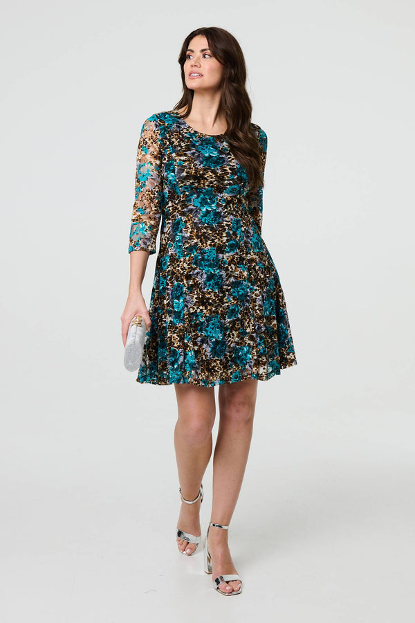 Turquoise | Floral Lace Short Fit & Flare Dress