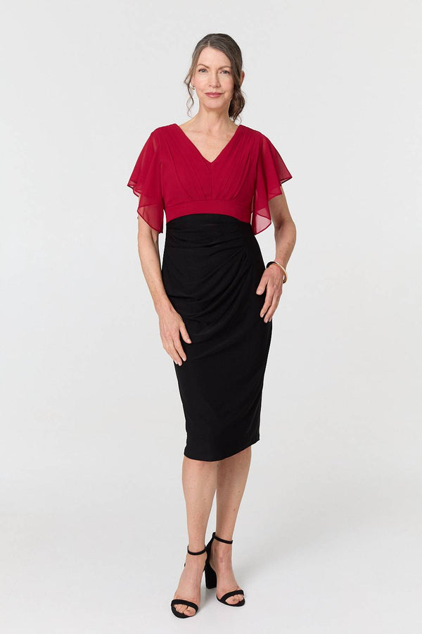 Red | Colour Block Sheer Sleeve Midi Dress
