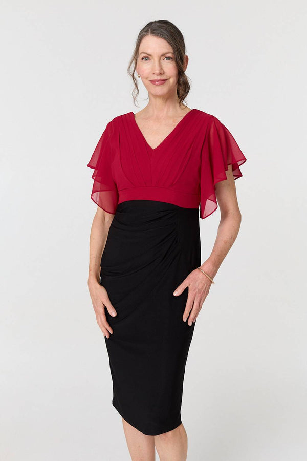 Red | Colour Block Sheer Sleeve Midi Dress