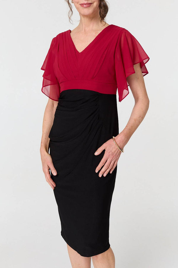 Red | Colour Block Sheer Sleeve Midi Dress