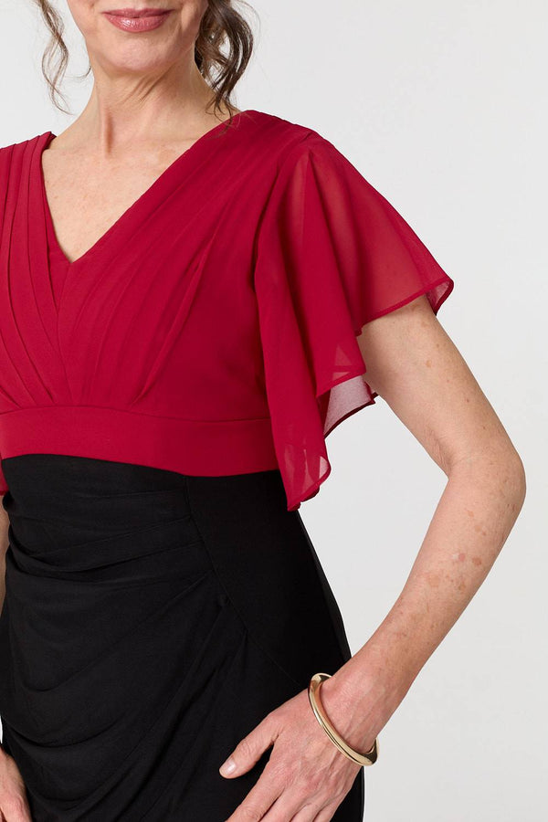 Red | Colour Block Sheer Sleeve Midi Dress