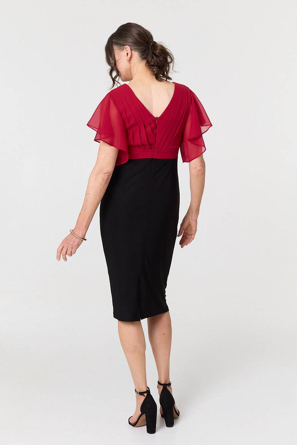 Red | Colour Block Sheer Sleeve Midi Dress
