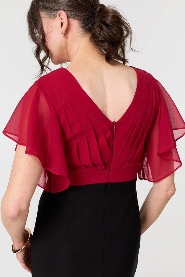Red | Colour Block Sheer Sleeve Midi Dress