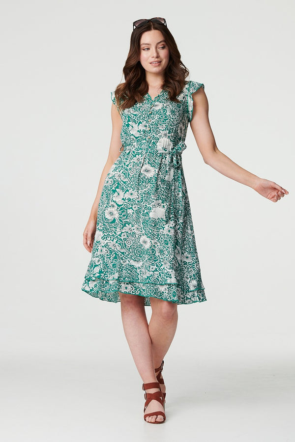 Green | Paisley Frill Hem Cap Sleeve Dress