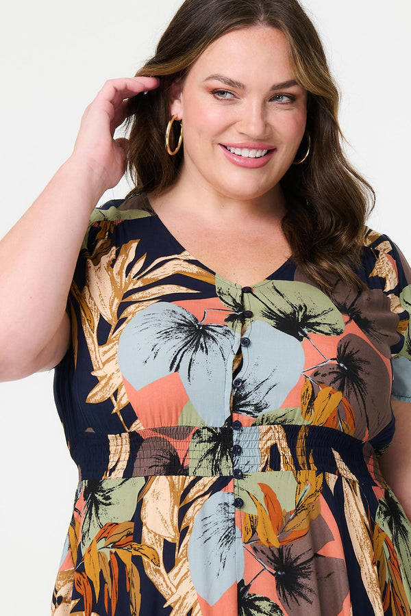 Navy | Floral Print Short Sleeve Midi Dress