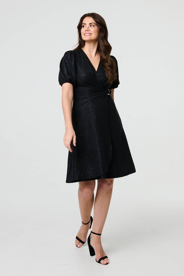 Black | Sparkly Short Sleeve Belted Wrap Dress