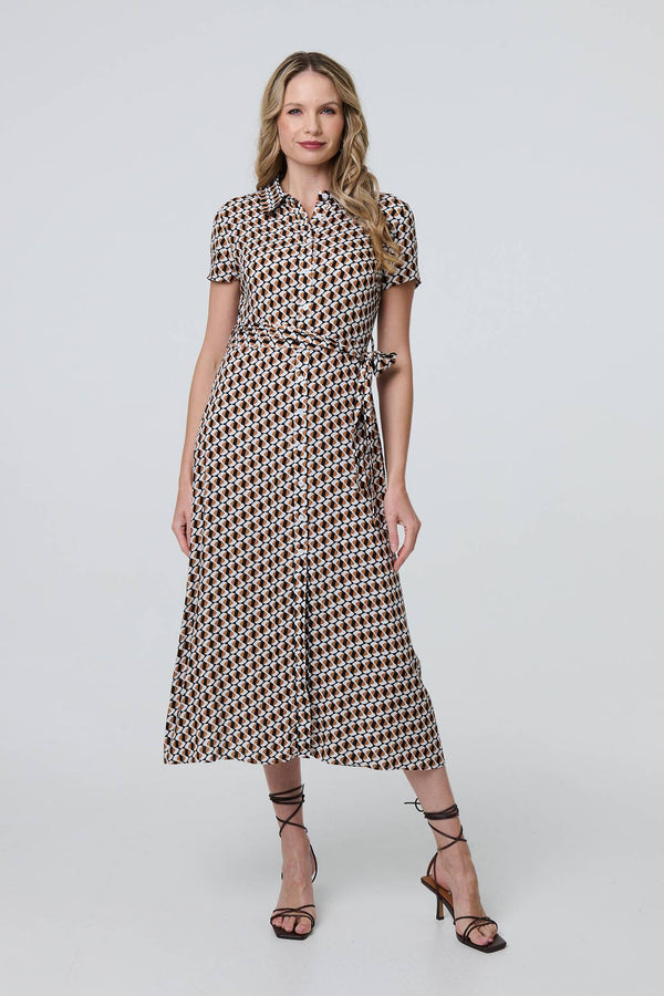 Beige | Geo Print Short Sleeve Tie Waist Midi Dress