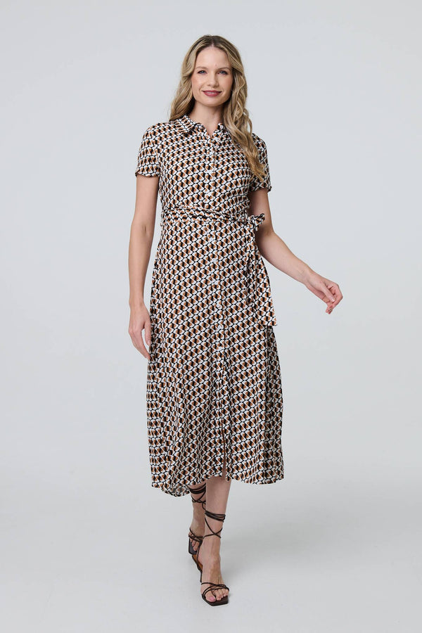 Beige | Geo Print Short Sleeve Tie Waist Midi Dress