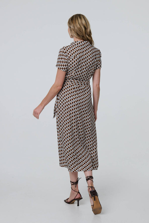 Beige | Geo Print Short Sleeve Tie Waist Midi Dress