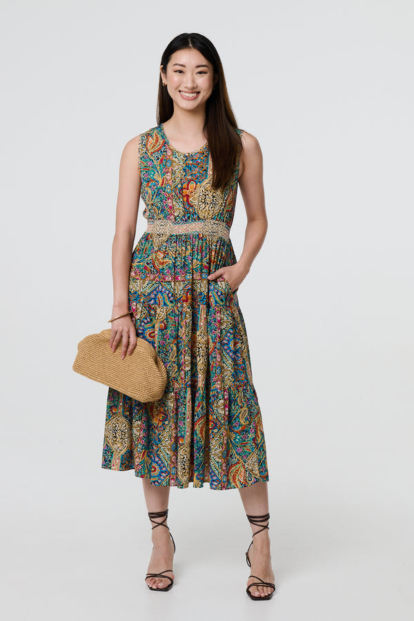 Beige | Mosaic Print Sleeveless Midi Smock Dress