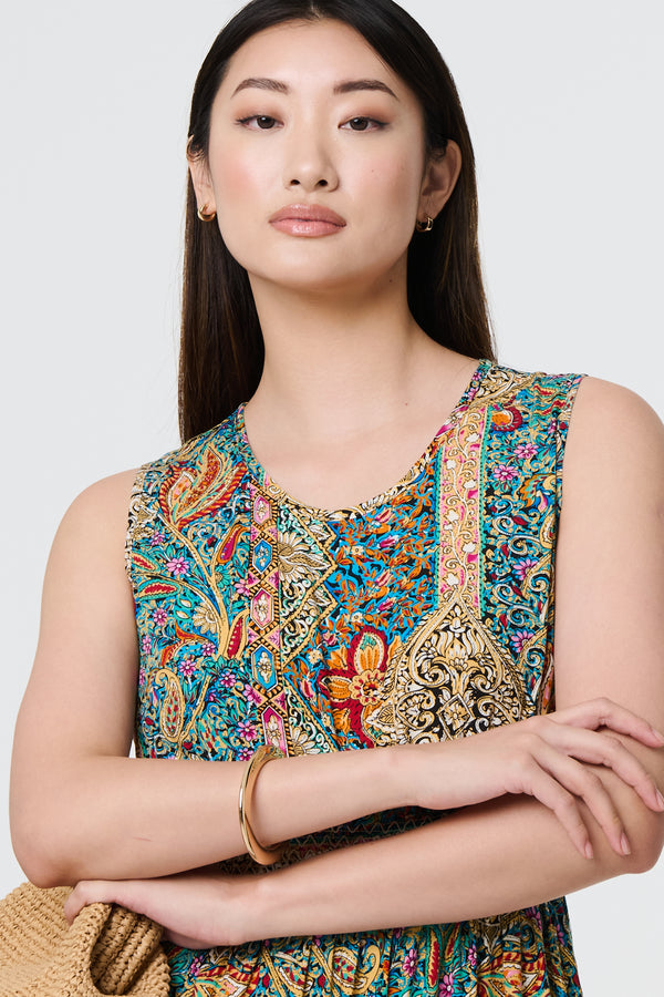 Beige | Mosaic Print Sleeveless Midi Smock Dress