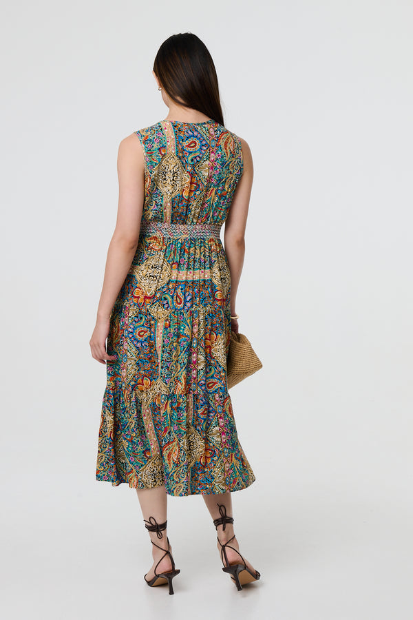 Beige | Mosaic Print Sleeveless Midi Smock Dress