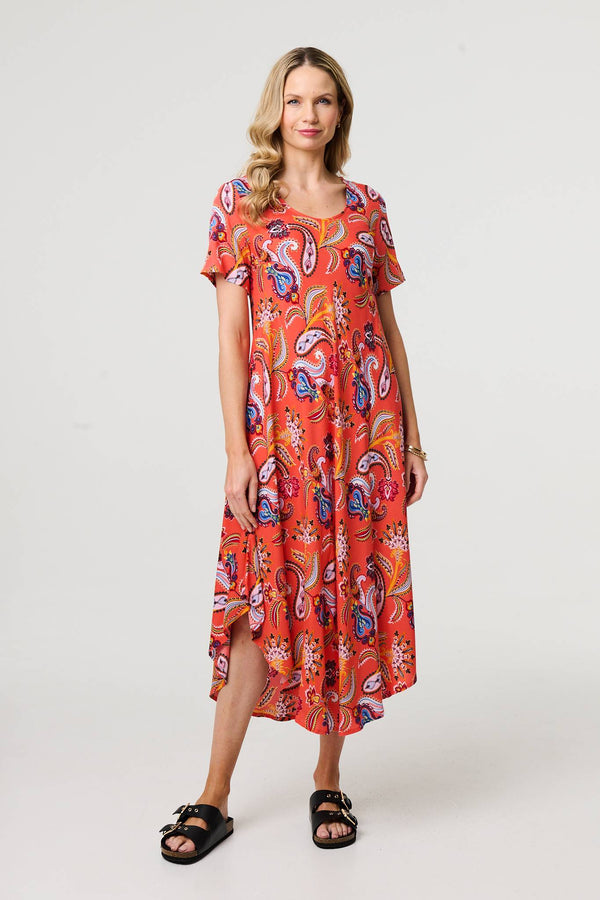 Orange | Paisley Relaxed Short Sleeve Midi Dress