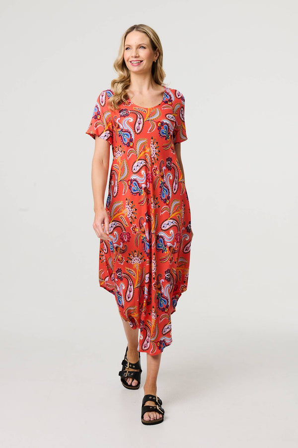 Orange | Paisley Relaxed Short Sleeve Midi Dress