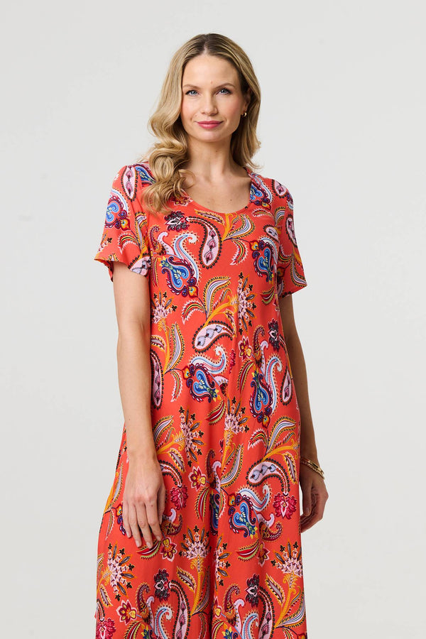 Orange | Paisley Relaxed Short Sleeve Midi Dress