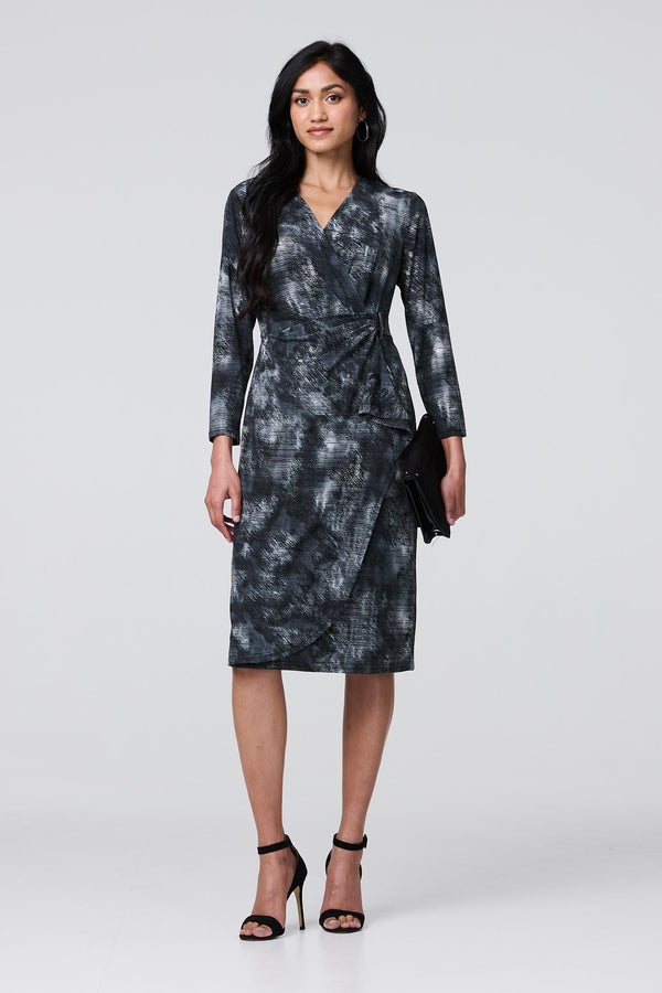 Black | Printed Ruched Belt Detail Midi Dress