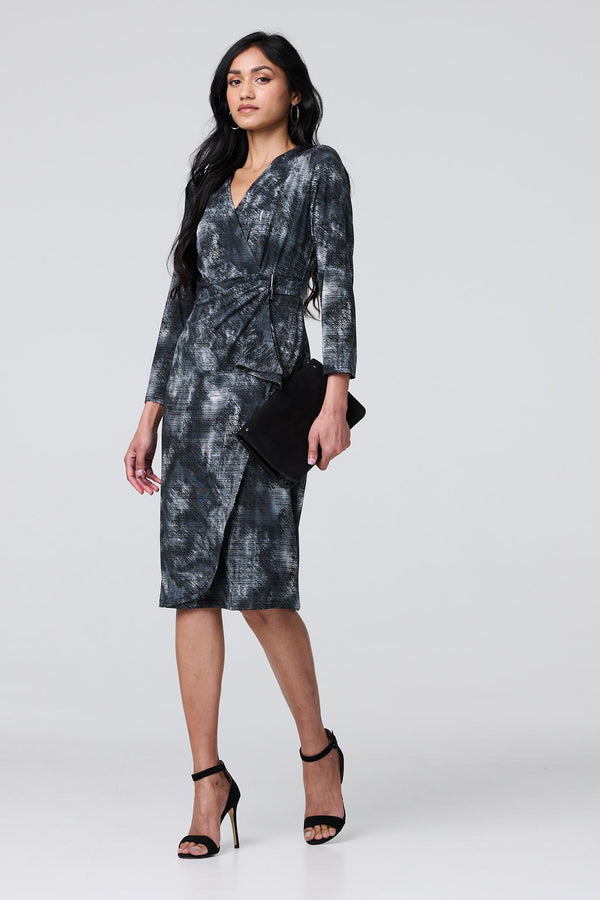 Black | Printed Ruched Belt Detail Midi Dress