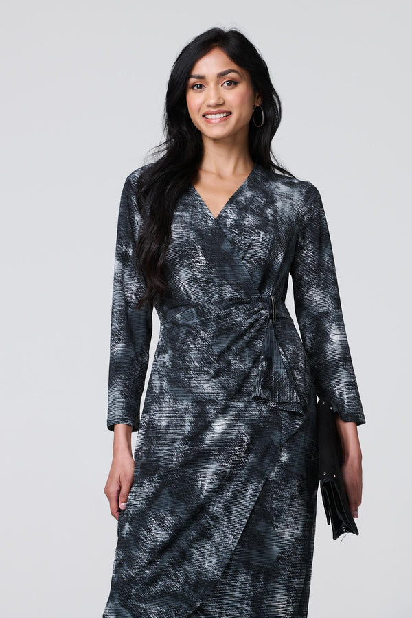 Black | Printed Ruched Belt Detail Midi Dress