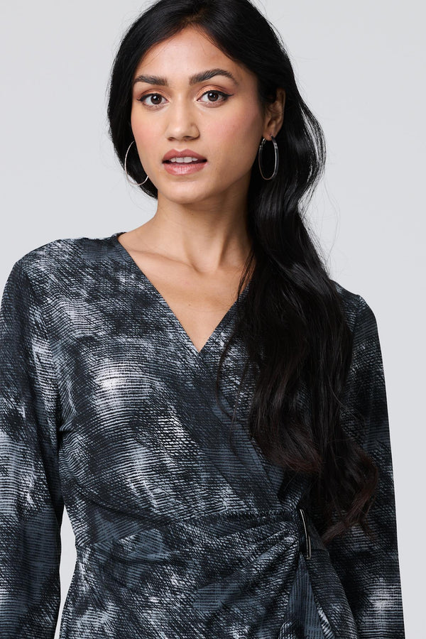 Black | Printed Ruched Belt Detail Midi Dress