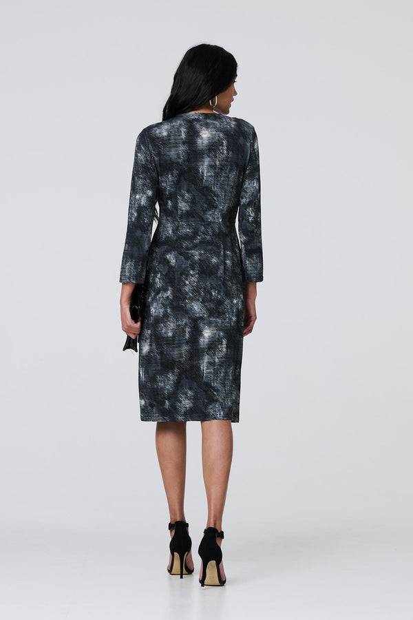Black | Printed Ruched Belt Detail Midi Dress