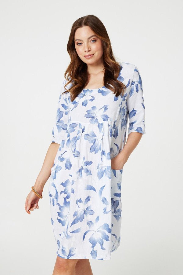 White | Leaf Print 3/4 Sleeve Knee Length Dress