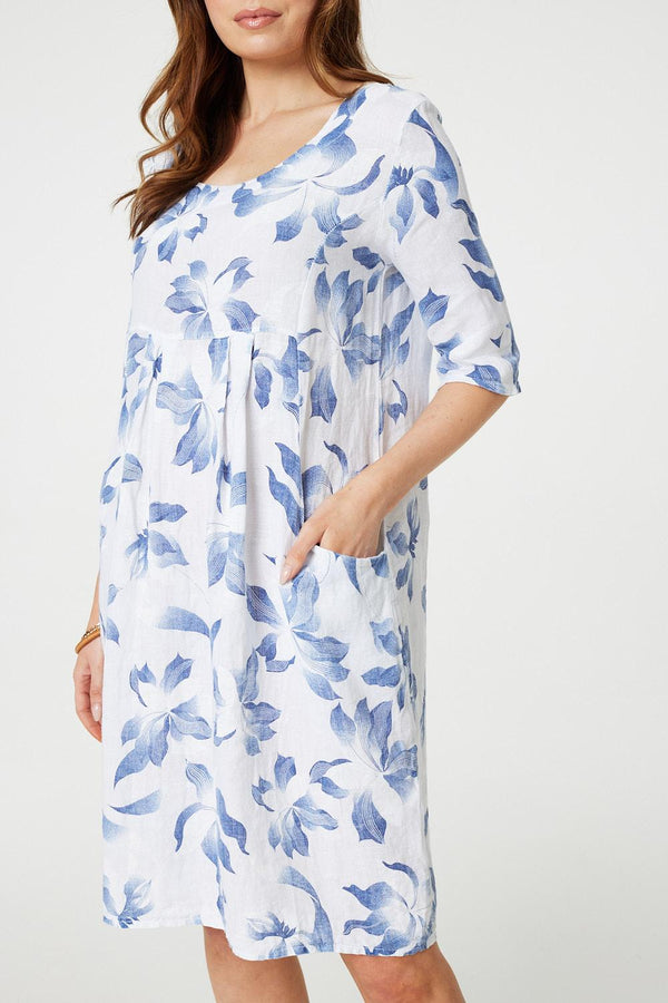 White | Leaf Print 3/4 Sleeve Knee Length Dress