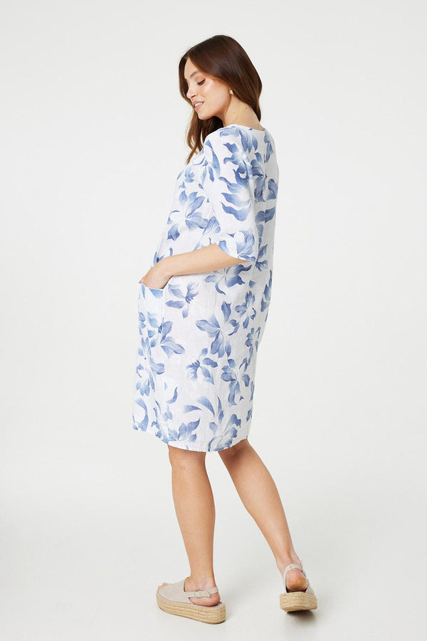 White | Leaf Print 3/4 Sleeve Knee Length Dress