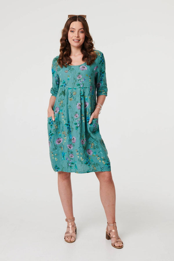 Teal | Floral 3/4 Sleeve Short Shift Dress